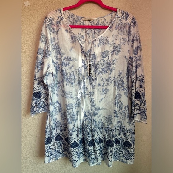 Soft Surroundings Nimes Blue & White Toile Embroidered Floral Tunic XL - Picture 4 of 8